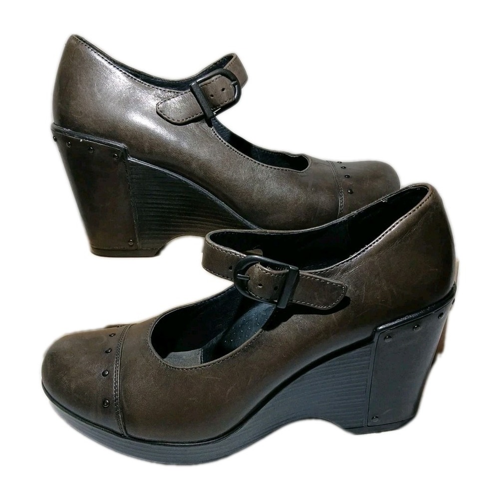 Dansko Fanny Mary Jane GRAY Leather Studded Wedge Heels EUR‎ 40 9.5-10 #1266